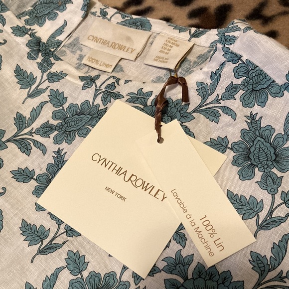 CYNTHIA ROWLEY Blouse Women’s Size M White Linen Floral Button Back Shirt - Picture 4 of 9